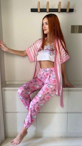 Комплект (піжама та халат) жіночий шовковий з принтом Pink PANTER рожевий 1303263422 фото