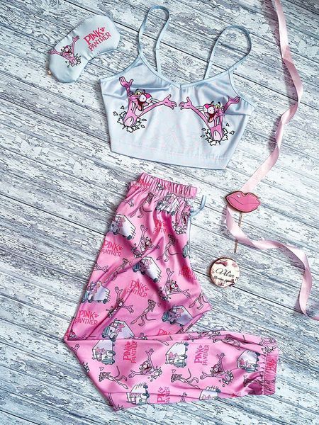 Комплект (піжама та халат) жіночий шовковий з принтом Pink PANTER рожевий 1303263422 фото