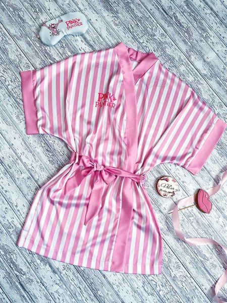 Комплект (піжама та халат) жіночий шовковий з принтом Pink PANTER рожевий 1303263422 фото