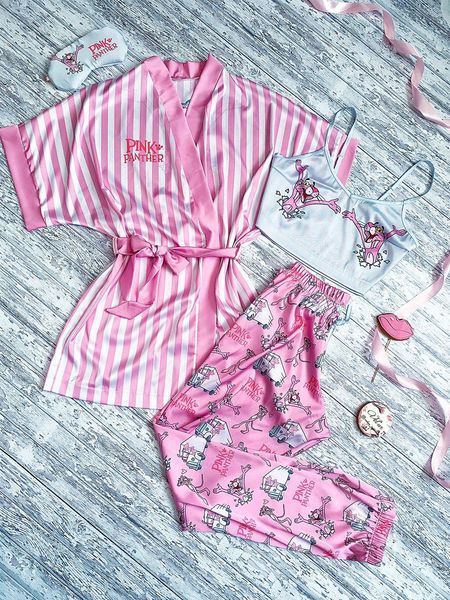 Комплект (піжама та халат) жіночий шовковий з принтом Pink PANTER рожевий 1303263422 фото