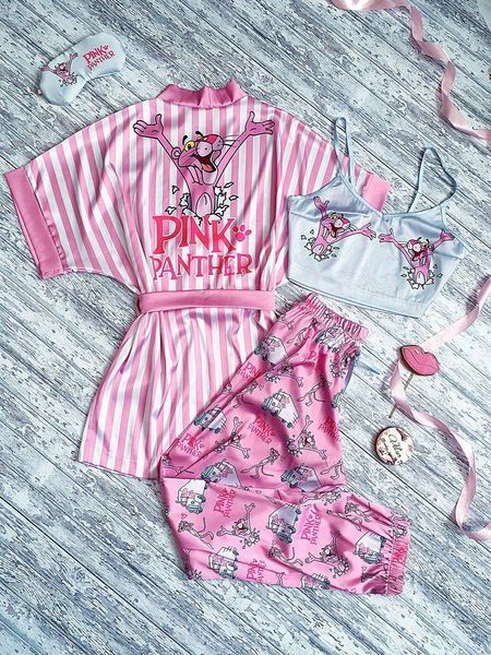 Комплект (піжама та халат) жіночий шовковий з принтом Pink PANTER рожевий 1303263422 фото