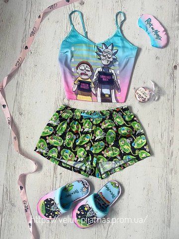 Піжама (шорти та майка) жіноча шовкова з принтом Rick and Morty блакитна 1574735933 фото