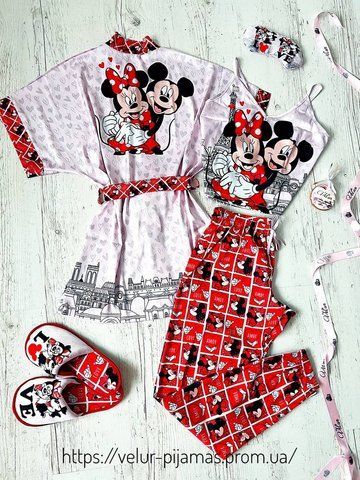 Комплект (піжама та халат) жіночий шовковий з принтом Mickey Mouse рожевий 1584851944 фото