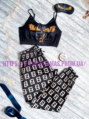 Піжама: штани та топ жіноча шовкова з принтом Fendi чорна 1369500794 фото