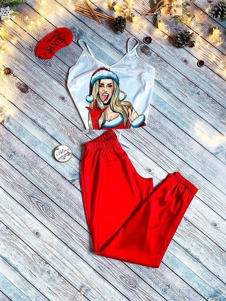 Комплект (піжама новорічна та халат) жіночий шовковий з принтом Santa червоний 1303940587 фото