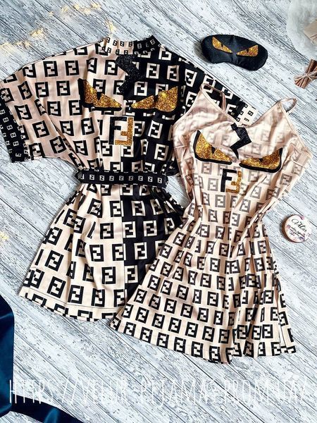 Комплект нічника та халат жіночий шовковий з принтом Fendi бежевий 1402059194 фото