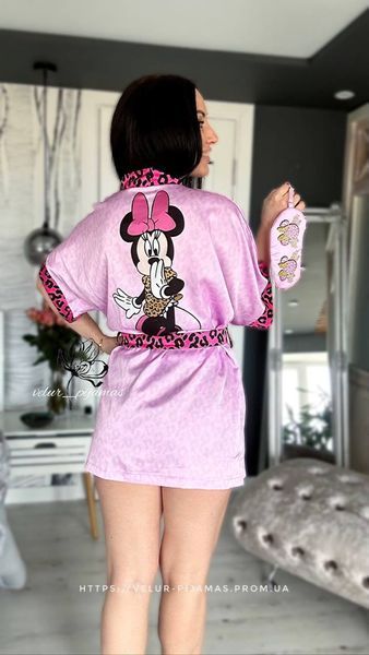 Шовковий комплект (піжама і халат) жіночий шовковий з принтом Minnie Mouse, рожевий 1896754842 фото