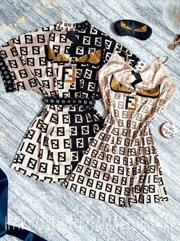 Комплект нічника та халат жіночий шовковий з принтом Fendi бежевий 1402059526 фото