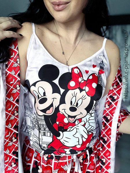 Комплект (піжама та халат) жіночий шовковий з принтом Mickey Mouse рожевий 1584852220 фото