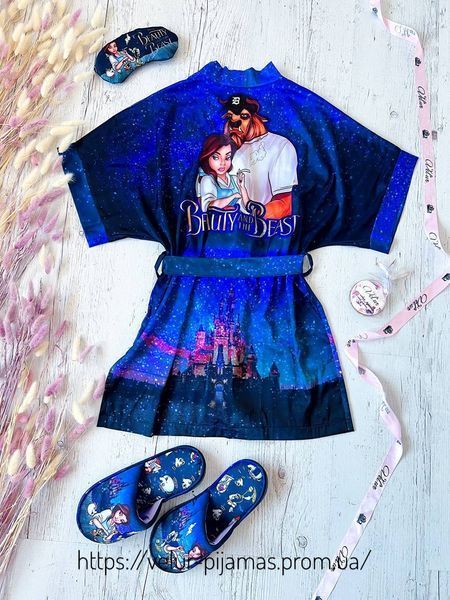 Комплект (піжама та халат) жіночий шовковий з принтом Beauty and the Beast синій 1603163850 фото
