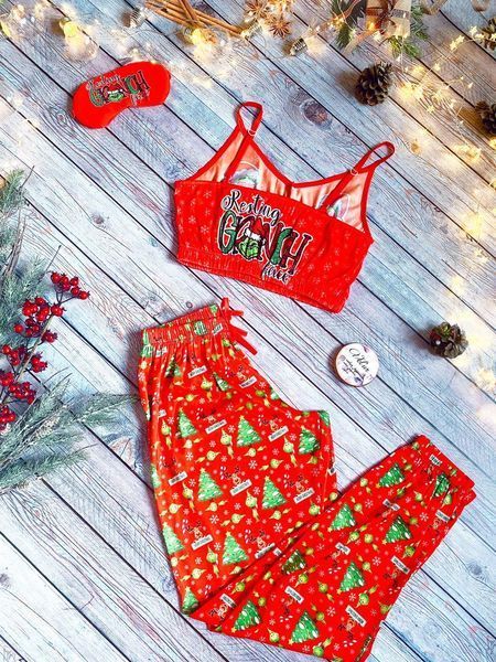 Комплект (піжама новорічна та халат) жіночий шовковий з принтом Grinch червоний 1304188040 фото