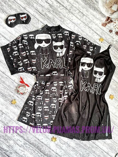 Комплект: піжама, нічнашка та халат жіночий шовковий з принтом Karl who чорний 1369443920 фото