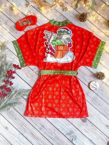 Халат жіночий шовковий із принтом Grinch червоний новорічний 1304188627 фото