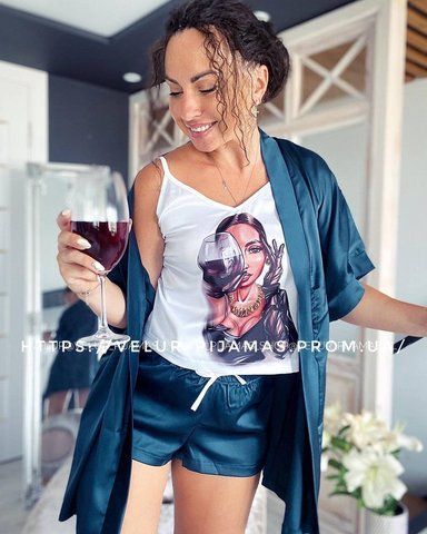 Комплект (піжама та халат) жіночий шовковий з принтом Wine зелений 1463911548 фото