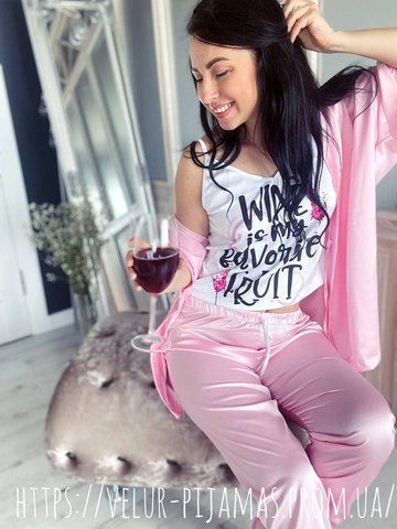 Комплект (піжама та халат) жіночий шовковий з принтом Wine рожевий 1440097034 фото
