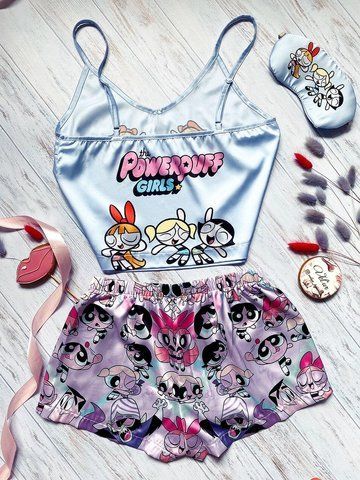 Піжама (шорти та майка) жіноча шовкова з принтом PowerPuff Girls блакитна 1230384951 фото