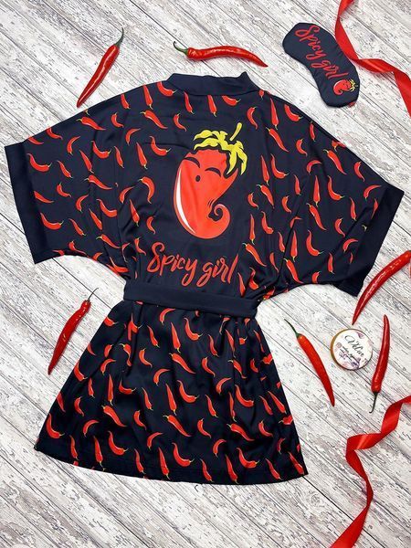Комплект (піжама та халат) жіночий шовковий з принтом Spicy чорний 1277471486 фото