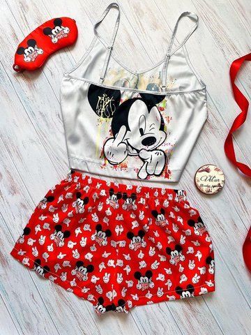 Піжама (шорти та майка) жіноча шовкова з принтом Mickey Mouse червона 1230386203 фото