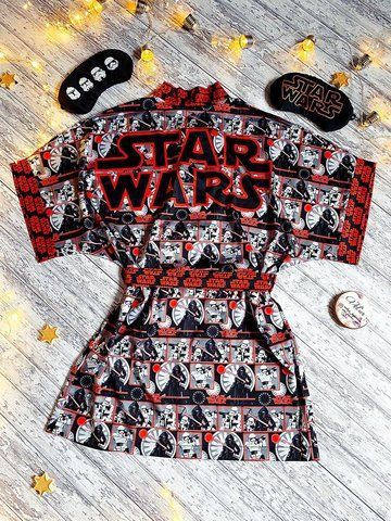 Комплект (піжама та халат) жіночий шовковий з принтом Star Wars чорний 1309793856 фото