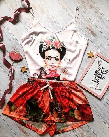 Піжама (шорти та майка) жіноча шовкова з принтом Frida Kahlo червона 1233561878 фото