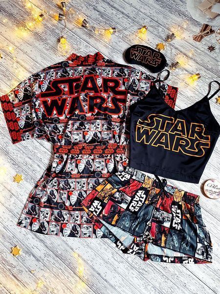 Комплект (піжама та халат) жіночий шовковий з принтом Star Wars чорний 1309793856 фото