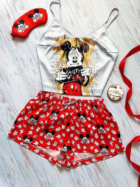 Піжама (шорти та майка) жіноча шовкова з принтом Mickey Mouse червона 1230386203 фото