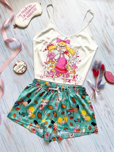 Піжама (шорти та майка) жіноча шовкова з принтом Hey, Arnold зелена 1230390401 фото