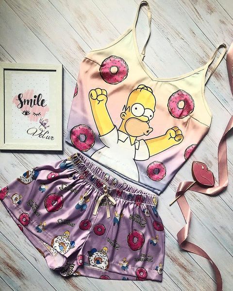 Піжама (шорти та майка) жіноча шовкова з принтом Simpsons фіолетова 1233564816 фото
