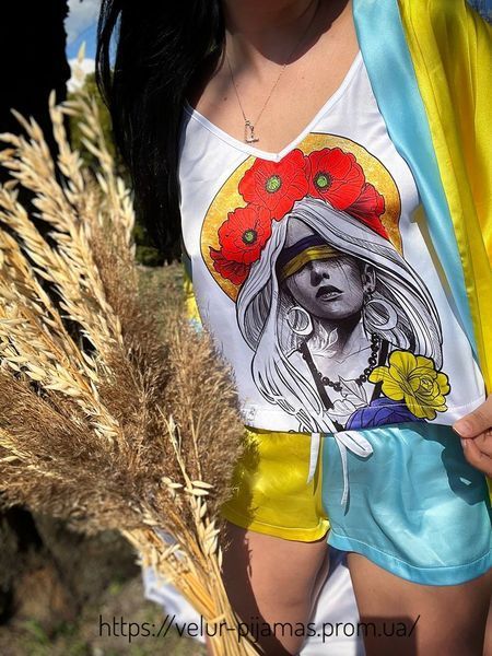 Комплект (піжама і халат) жіночий шовковий з принтом Україна жовто-блакитний 1603169976 фото