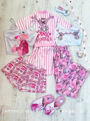 Комплект (піжама 2 шт. і халат) жіночий шовковий з принтом Pink PANTER рожевий 1463922031 фото