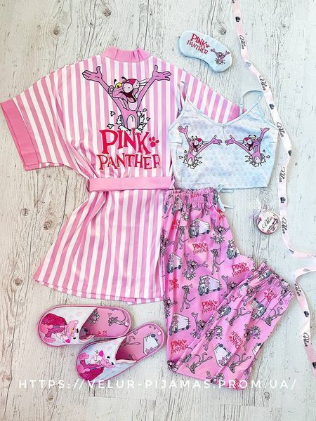 Комплект (піжама та халат) жіночий шовковий з принтом Pink PANTER рожевий 1463923535 фото