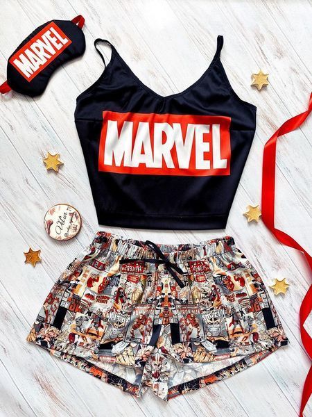 Піжама (шорти та майка) жіноча шовкова з принтом Marvel чорна 1234266970 фото
