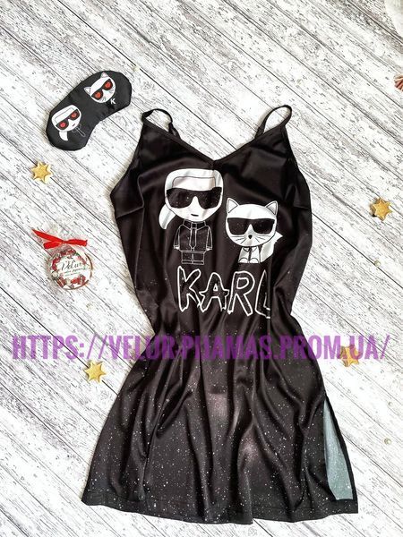 Комплект нічника та халат жіночий шовковий з принтом Karl who чорний 1369444347 фото