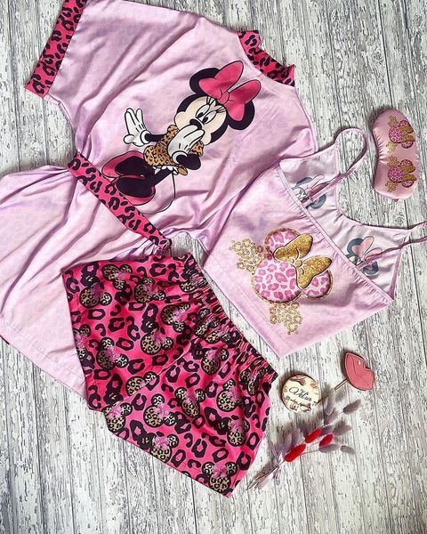 Комплект (піжама та халат) жіночий шовковий з принтом Minnie рожевий 1273322496 фото