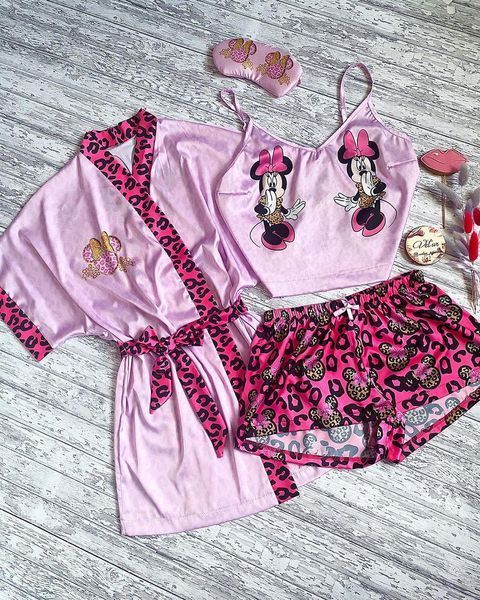 Комплект (піжама та халат) жіночий шовковий з принтом Minnie рожевий 1273322496 фото