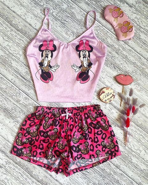Комплект (піжама та халат) жіночий шовковий з принтом Minnie рожевий 1273322496 фото