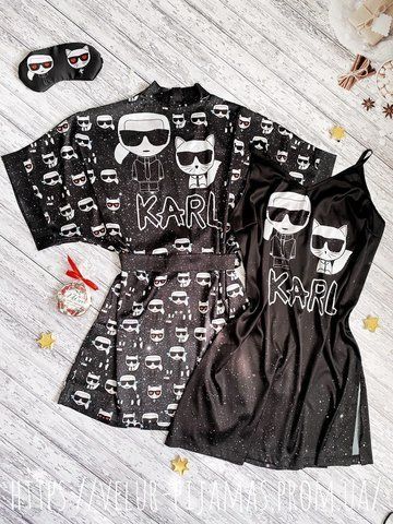 Комплект нічника та халат жіночий шовковий з принтом Karl who чорний 1402090667 фото