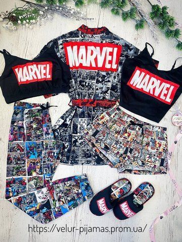 Комплект (піжама 2 шт.) і халат жіночий шовковий з принтом Marvel чорний 1584752455 фото