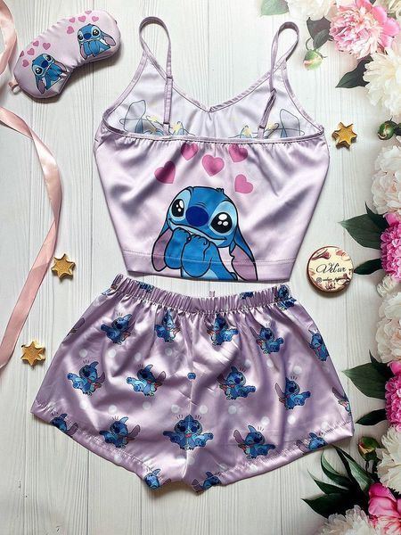 Піжама (шорти та майка) жіноча шовкова з принтом Stitch фіолетова 1230856772 фото