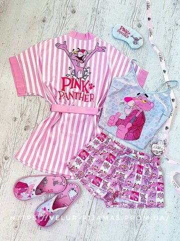 Комплект (піжама та халат) жіночий шовковий з принтом Pink PANTER 1463927114 фото