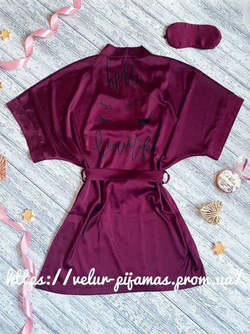 Халат жіночий шовковий із принтом Wine марсала 1393059479 фото