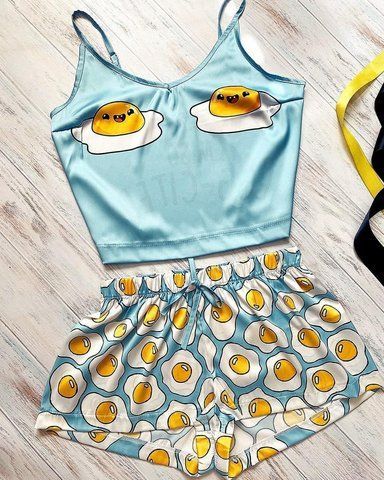 Піжама (шорти та майка) жіноча шовкова з принтом Im so egg-cited блакитна 1234271560 фото