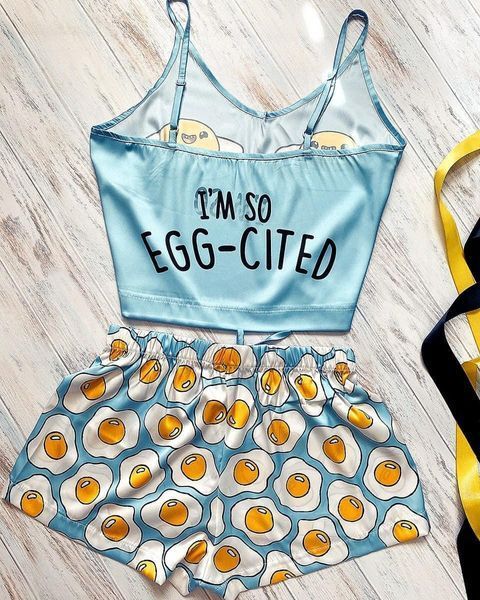 Піжама (шорти та майка) жіноча шовкова з принтом Im so egg-cited блакитна 1234271560 фото