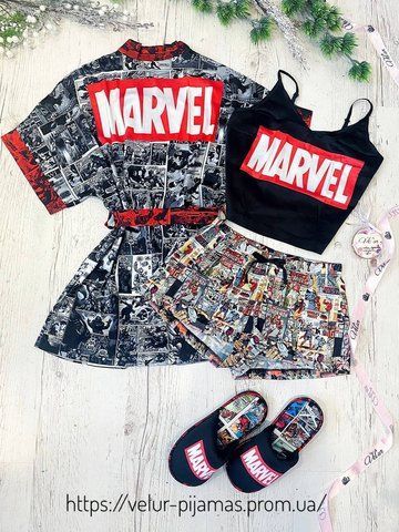Комплект (піжама та халат) жіночий шовковий з принтом Marvel чорний 1584754407 фото