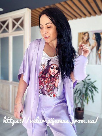 Комплект (піжама та халат) жіночий шовковий з принтом Lavanda бузковий 1393064953 фото
