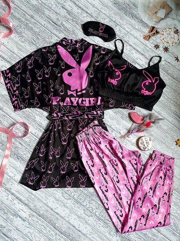 Комплект (піжама та халат) жіночий шовковий з принтом Play Girl чорний 1325708774 фото