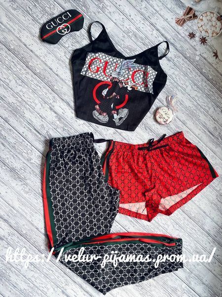 Комплект: піжама, нічнашка та халат жіночий шовковий з принтом Rabbit червоний 1393060514 фото