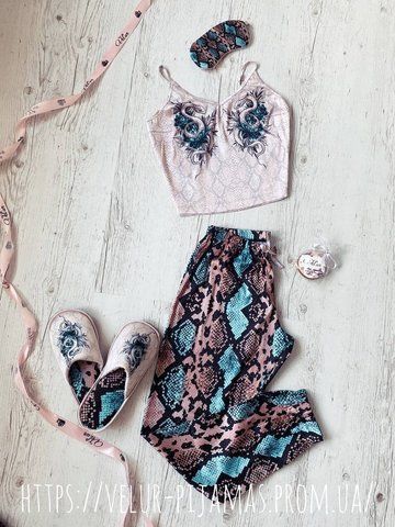 Комплект (піжама та халат) жіночий шовковий з принтом Snake бежевий 1440132448 фото