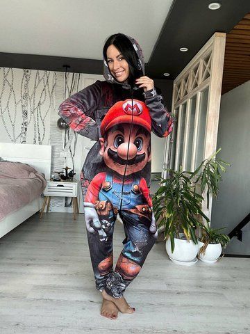 Тепленьке кігурумі з принтом "Mario&rdquo; сіре для дорослих 2379632569 фото