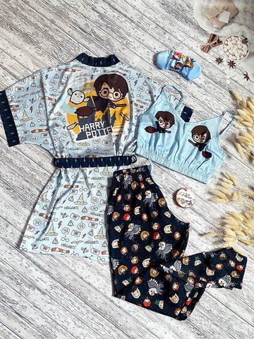 Комплект (піжама та халат) жіночий шовковий з принтом Harry Potter блакитний 1325712168 фото
